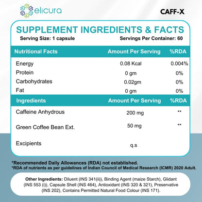 Elicura Caff-X Energy Boost Capsules | 200mg Caffeine for Focus, Mental Alertness & Performance | Green Coffee Bean Extract for Metabolism & Fat Burning | Supports Physical Endurance & Weight Management - 60 Veg Capsules (Pack of 2)