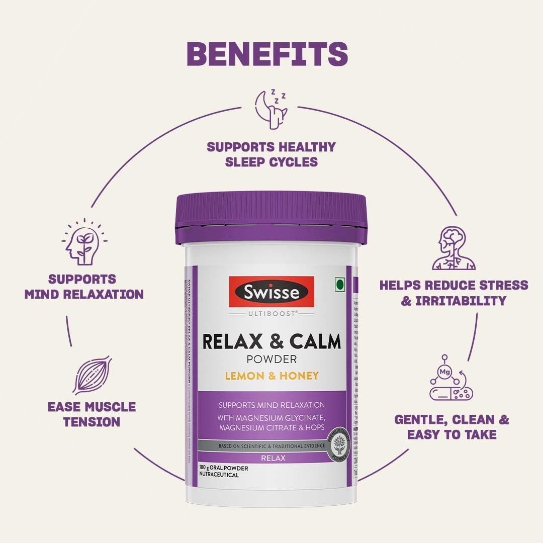 Swisse Relax & Calm Powder – Magnesium Glycinate & Citrate + Hops, Inositol & Choline - Supports Relaxation, Muscle Recovery & Healthy Sleep (Lemon & Honey Flavor, 24 Servings)
