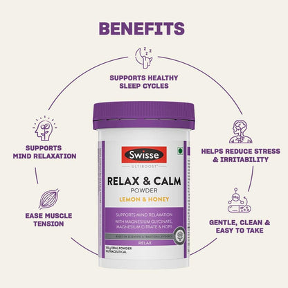 Swisse Relax & Calm Powder – Magnesium Glycinate & Citrate + Hops, Inositol & Choline - Supports Relaxation, Muscle Recovery & Healthy Sleep (Lemon & Honey Flavor, 24 Servings)