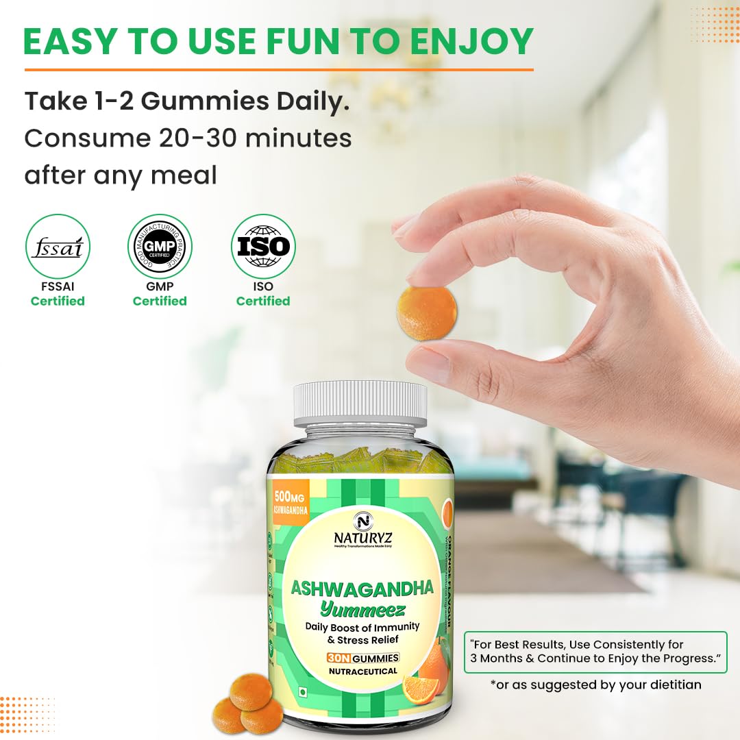 NATURYZ Clinically Researched KSM 66 Ashwagandha 500mg Gummies with Vitamin D3 | Strength, Energy, Immunity, Power & Stamina | Relax, Refresh Mind & Body | No Added Sugar | Gluten-Free, 30 Gummies(Orange Flavour)
