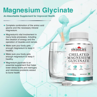 SWISSLIFE FOREVER Chelated Magnesium Glycinate | Dietary Tablets with Mineral and Amino acid (Magnesium Glycinate) Help in Bone health for Men & Women 120 Tablets (Pack of 2)