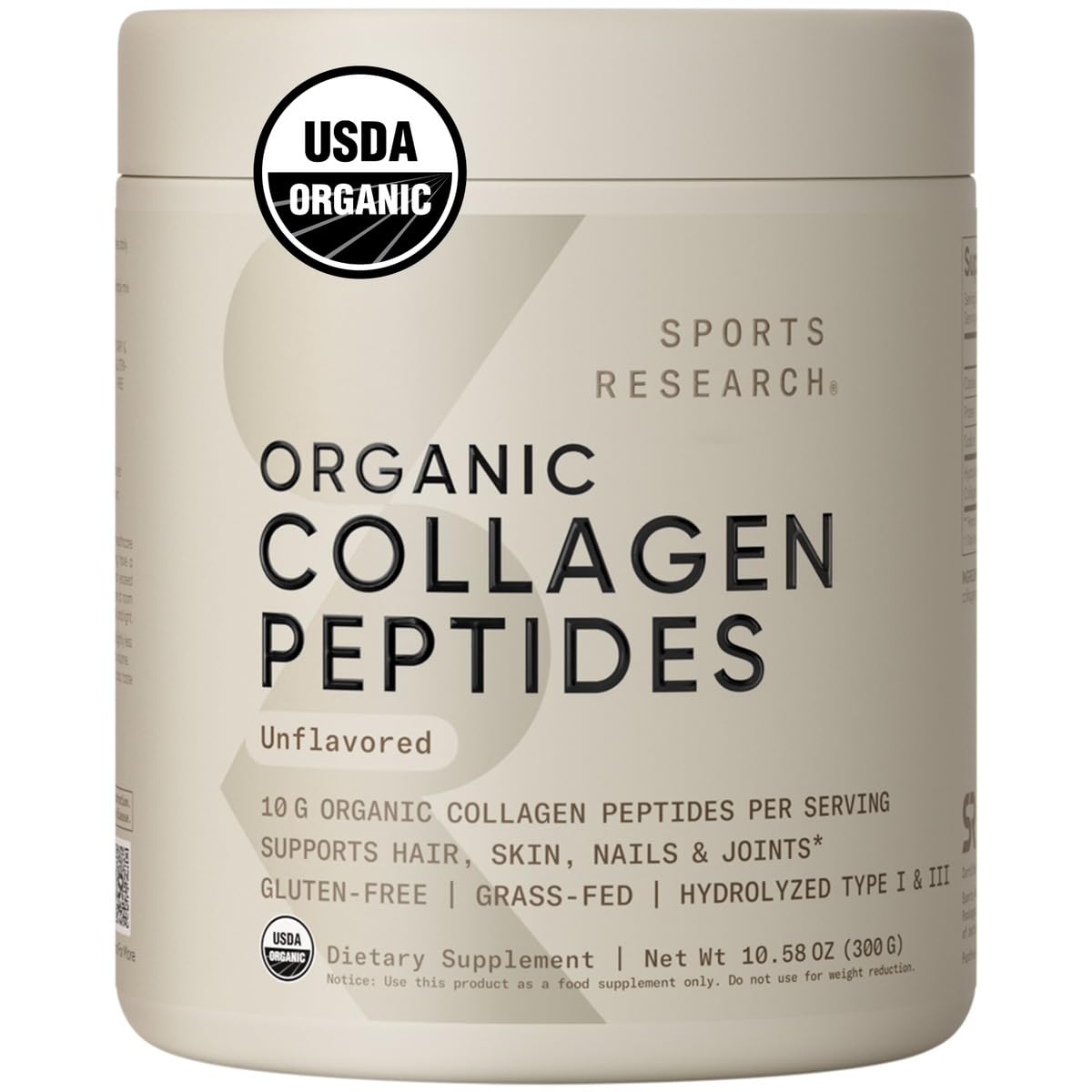 Sports Research Organic Collagen Peptides Unflavored Dietary Supplement Powder, 300g
