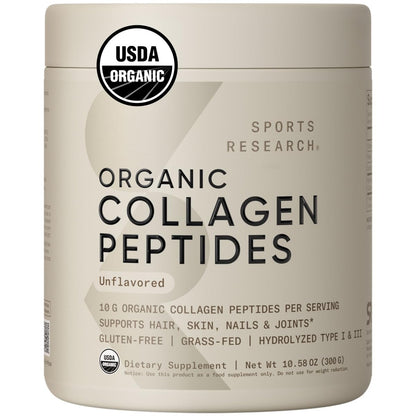 Sports Research Organic Collagen Peptides Unflavored Dietary Supplement Powder, 300g