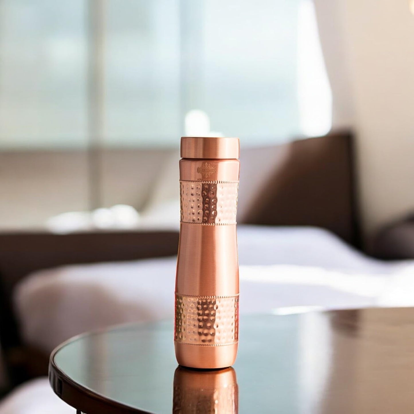 INDIAN ART VILLA Pure Copper Water Bottle With Half Lacquer Hammered Ch- image 2