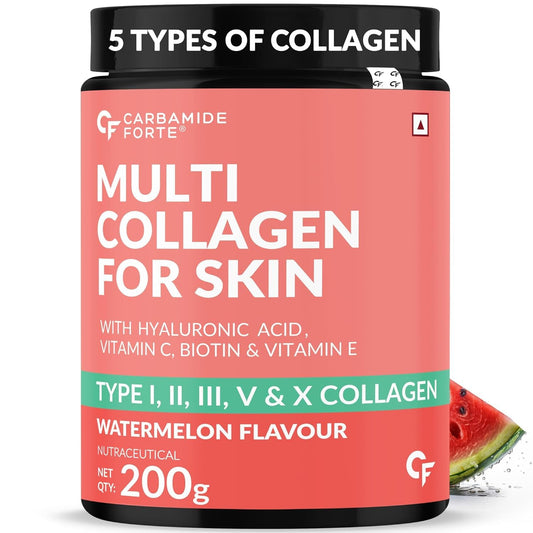 Carbamide Forte Multi Collagen with all 5 TYPE I, II, III, V, X | Marine Collagen Powder for Women & Men, Watermelon Flavor, 200g