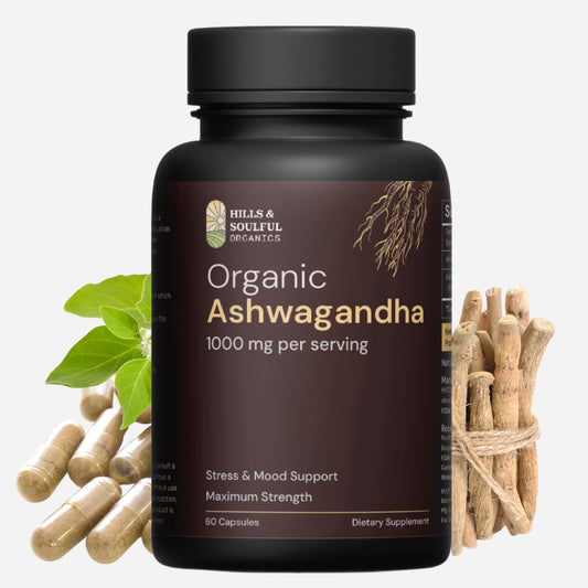 Hills and Soulful Organics Ashwagandha Capsules 1000mg per Serving | High Strength Ashwagandha Root Powder Supplement | Supports Stress Management, Energy & Stamina | Adaptogen for Men & Women | 60 Veg Capsules