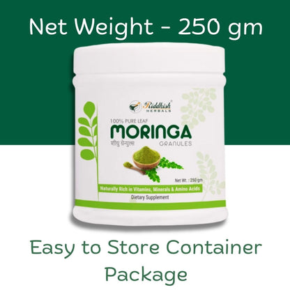 Riddhish Herbals Moringa Granules 250g - Pure Moringa Oleifera Shigru Drumstick Leaf - Easy Mixing Natural Flavour Daily Nutrition Drink - Rich in Vitamins Minerals & Amino Acids - FSSAI GMP Certified