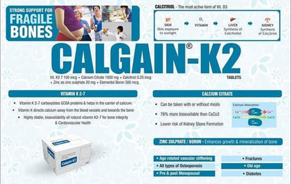 BIOXIS Healthcare Calgain-K2 Tablets | Calcitriol Calcium Citrate Vitamin K2-7 Boron Zinc Supplement | Bone Health Support (Pack of 6)