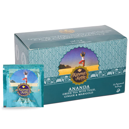 Karma Kettle Ananda-Green Tea with Tulsi, Ginger & Marigold, Loaded with Anti Oxidants, 100% Pure, Natural Detox, Tulsi or Holy Basil, Ginger or Super Root, 25 Pyramid Teabags, 50 g