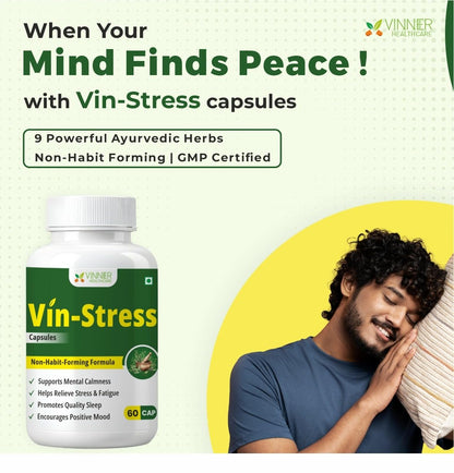 Vin-Stress Capsules | Ayurvedic Stress Relief & Sleep Support | Herbal Supplement with Ashwagandha, Shankhpushpi, Brahmi, Jatamansi, Tagar & More | 60 Capsules