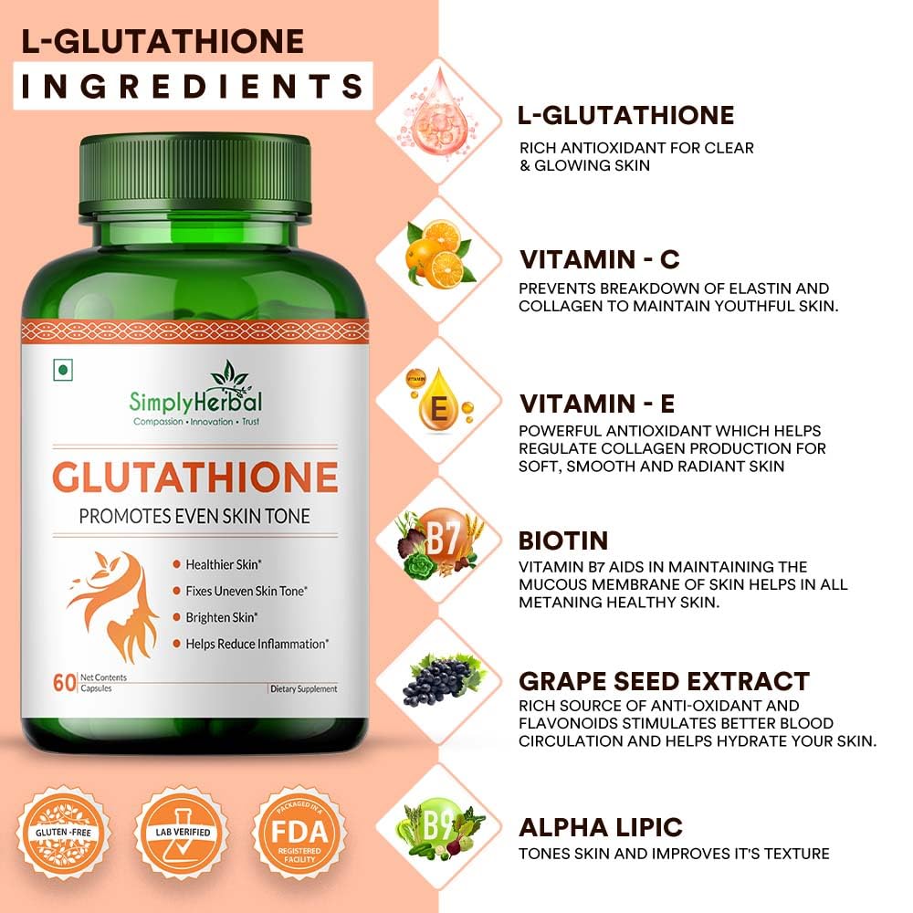 Simply Herbal L Glutathione 1000mg Capsules With Vitamin C & E for Immune Support, Healthy Radiant Skin Glowing, Antioxidant Support, Grape Seed Extract & Biotin - 60 Veg Capsules