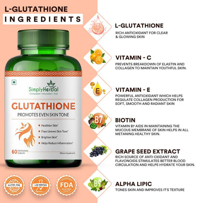 Simply Herbal L Glutathione 1000mg Capsules With Vitamin C & E for Immune Support, Healthy Radiant Skin Glowing, Antioxidant Support, Grape Seed Extract & Biotin - 60 Veg Capsules