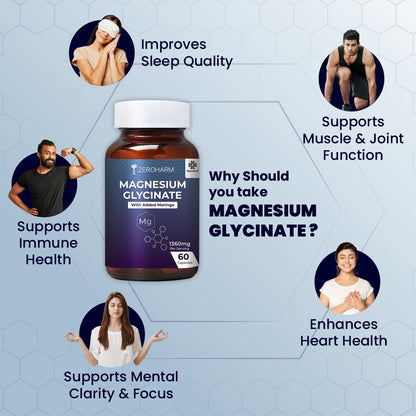 Magnesium Glycinate + Moringa Extract | 1360 mg Per Serving | Muscle, Sleep Support | Promotes Joint Mobility | No Additives, Preservatives for Men & Women | Nano Formulated 60 Capsules By ZEROHARM