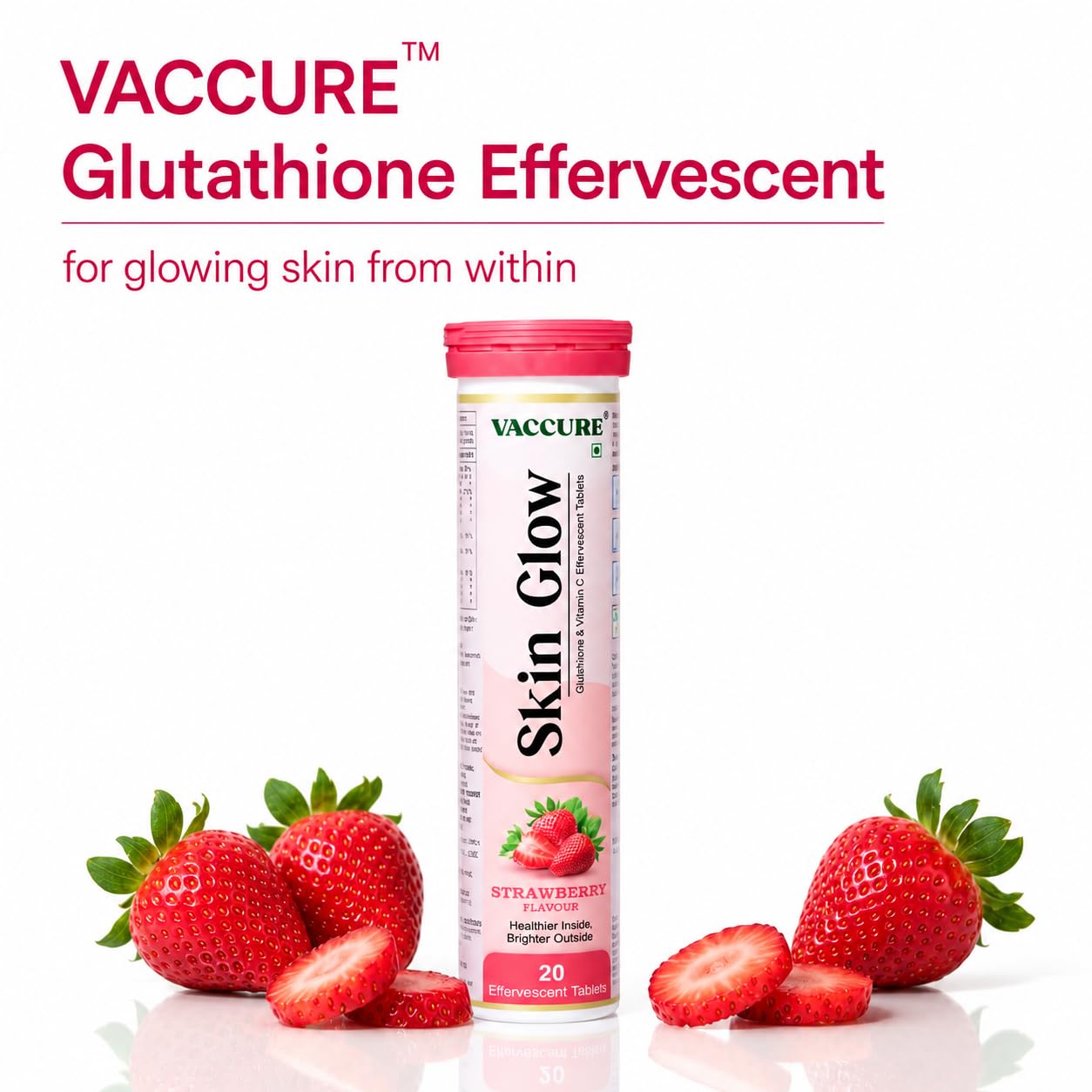 VACCURE Skin Glow Effervescent Tablets - Glutathione & Vitamin C for Skin Brightening & Antioxidant Support - 20 Tablets - Delicious Strawberry Flavor