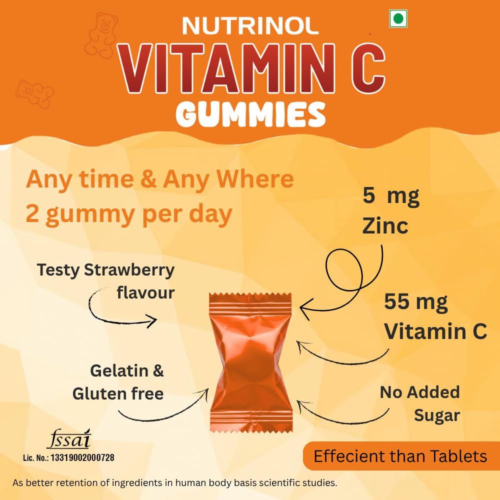 Knoll Healthcare Nutrinol Vitamin C | 30 Gummy + Zinc for Daily Immunity | Helps to boost & Strengthens for Healthy Skin, Hair & Nails, Skincare Straberry Flavour (Pack Of 2)