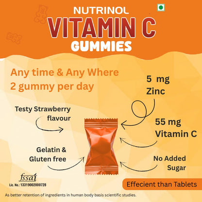 Knoll Healthcare Nutrinol Vitamin C | 30 Gummy + Zinc for Daily Immunity | Helps to boost & Strengthens for Healthy Skin, Hair & Nails, Skincare Straberry Flavour (Pack Of 2)