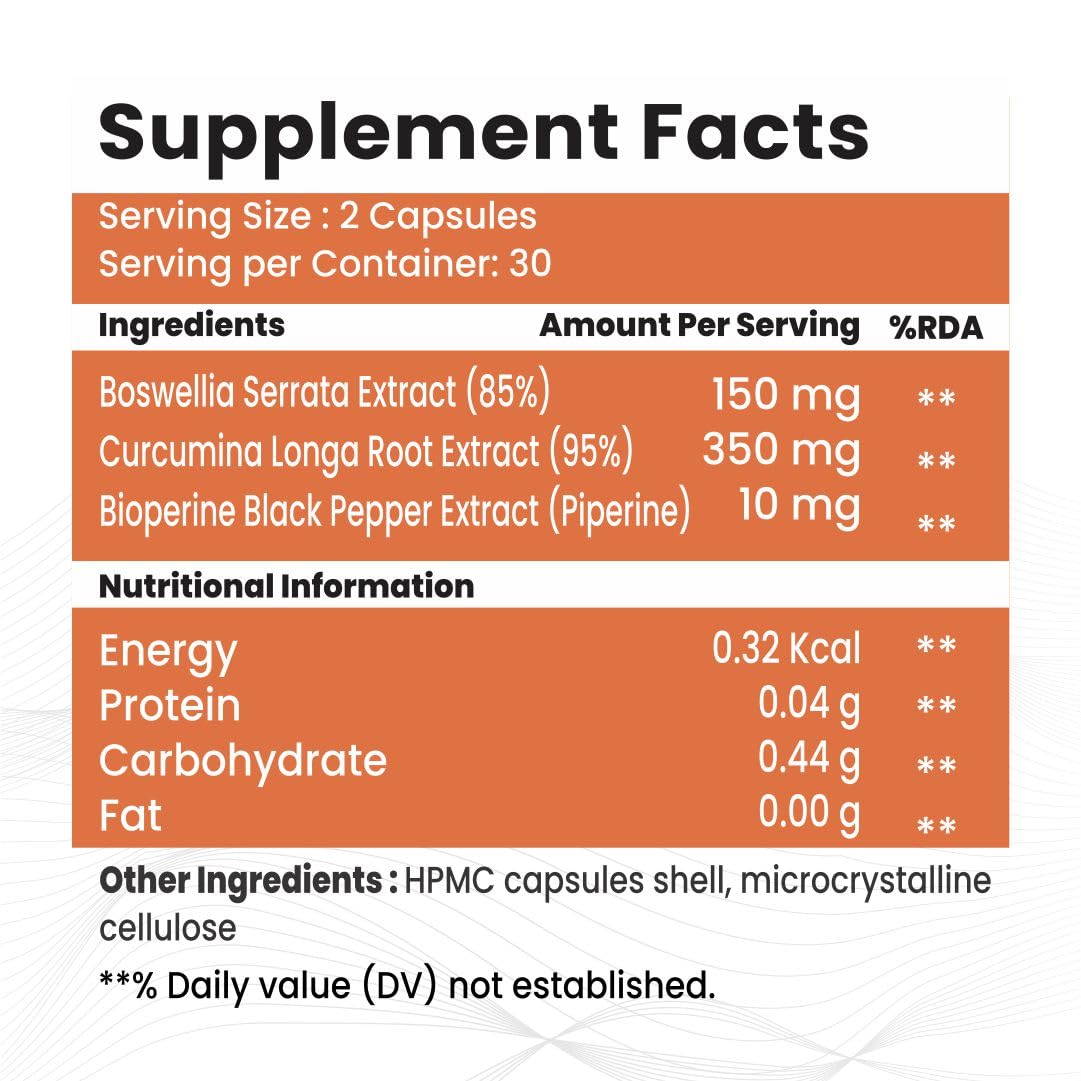 Raskam Curcumin 95%, Boswellia 85%, 510mg Capsules with Bioperine | 60 Veg Capsules | Super Antioxidant, Improves Metabolism, Fights Inflammation | 60 veg capsules