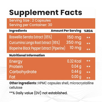 Raskam Curcumin 95%, Boswellia 85%, 510mg Capsules with Bioperine | 60 Veg Capsules | Super Antioxidant, Improves Metabolism, Fights Inflammation | 60 veg capsules