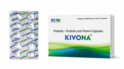 KIVONA from MIRA Healthcare. Prebiotic, Probiotic and Vitamin capsules, 1 strip of 10 capsules each