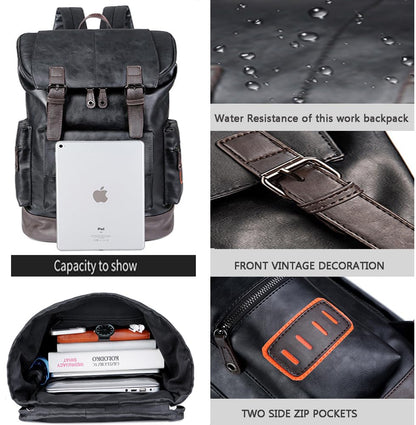 CHAO RAN Vintage Leather Laptop Backpack For Men, Men Black Leather Backpack…, Black, Large, College Travel Backapck