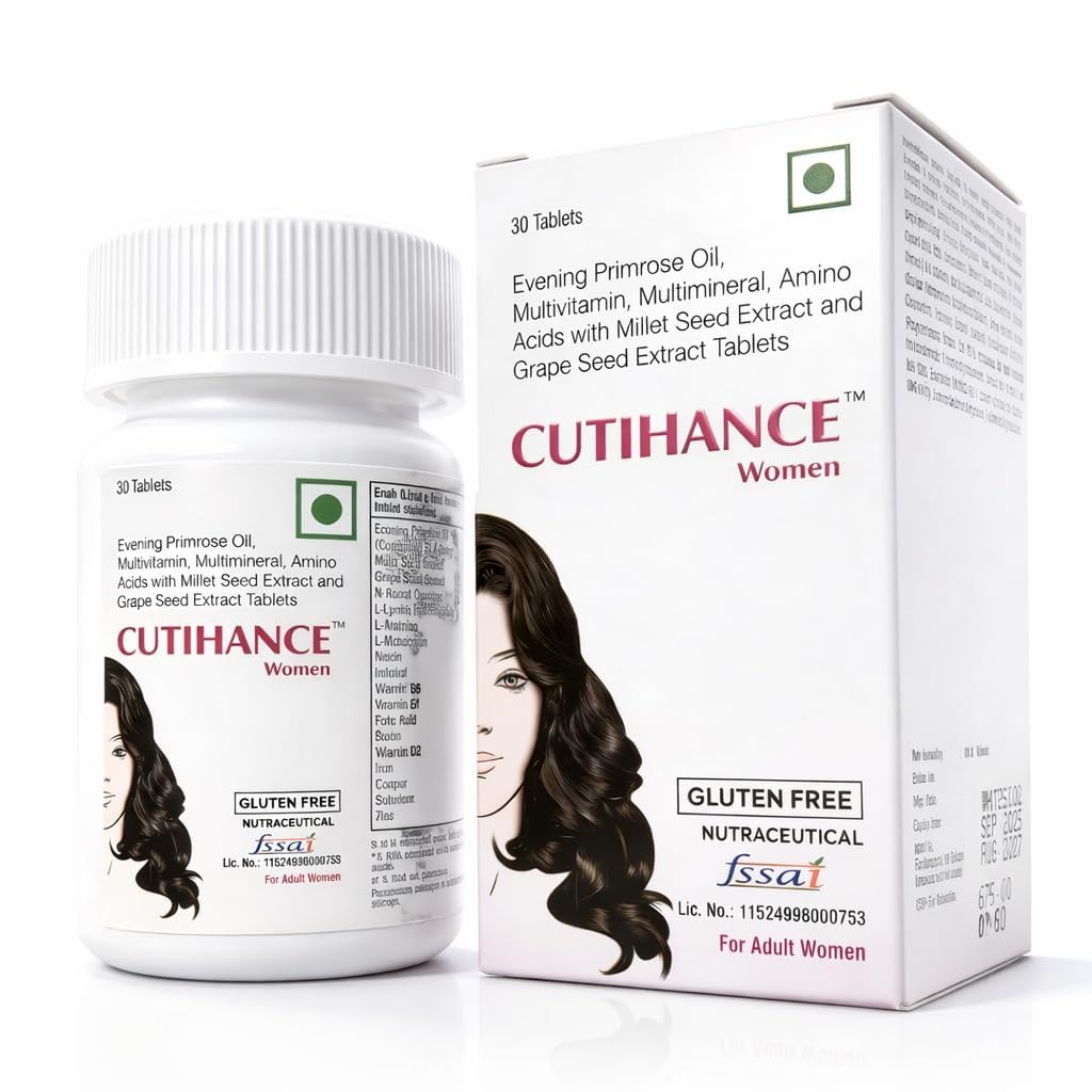 Cutihance Tablet, Hair Growth Supplement Complex with Evening Primrose Oil, Multivitamin, Multimineral, Amino Acids, Grape Seed Extract, Beta-Sitosterol, Tablets, For Strong and Shiny Hair (Women)