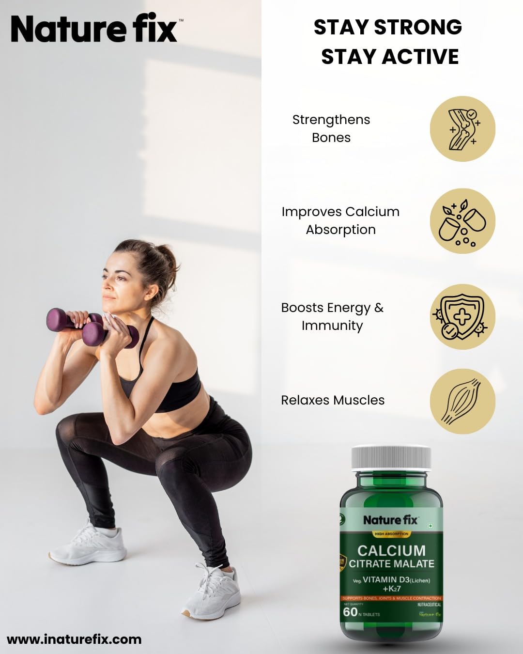 Nature Fix Calcium Citrate Malate with Veg. Vitamin D3 (Lichen) + K27 – Supports Bones, Joints & Muscle Contraction – 60 Tablets