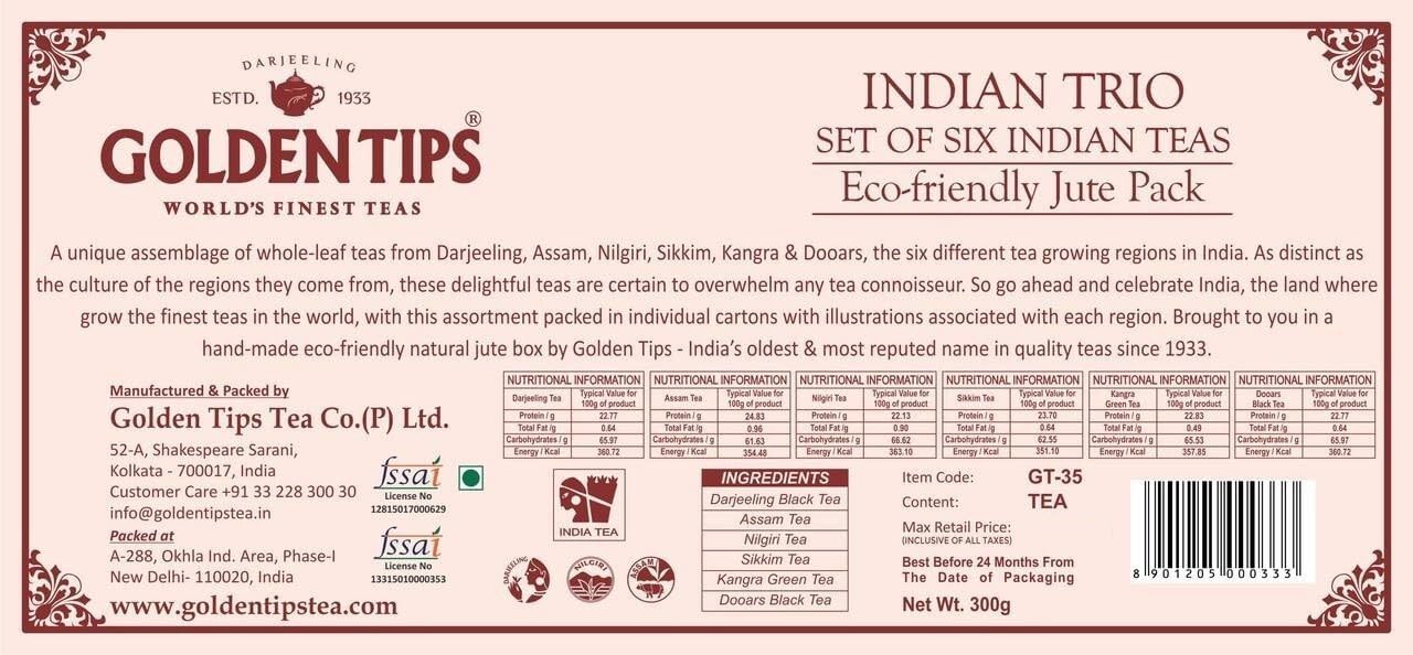 Golden Tips Finest Gift Box Loose Leaf Black Tea Darjeeling, Assam, Nilgiri, Sikkim, Kangra and Dooars, Gourmet Tea in Eco-Friendly Packaging, Gift for Festive Gifting, Birthdays, Valentine & Corporate Gift