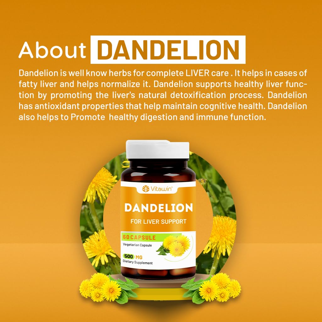 VitaWin Dandelion Capsules 500mg | Herbal Supplement for Daily Wellness, Plant-Based Nutrition & Antioxidant Support | 60 Vegetarian Capsules