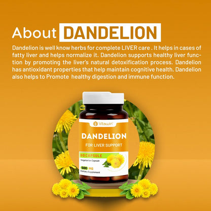 VitaWin Dandelion Capsules 500mg | Herbal Supplement for Daily Wellness, Plant-Based Nutrition & Antioxidant Support | 60 Vegetarian Capsules