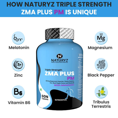 Naturyz Triple Strength ZMA Plus PM with Melatonin for Night Recovery & Muscle Strength Support Supplement with 450 mg Magnesium Aspartate, Tribulus, B6 & Black Pepper for Men - 60 Tablets