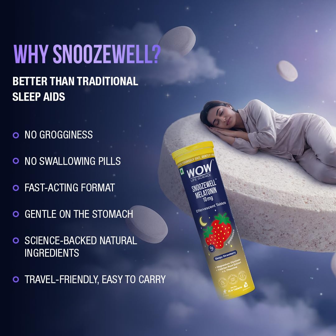 WOW Life Science Snoozewell Melatonin 10 mg Effervescent Tablets | Night-Time Sleep Drink with Magnesium Glycinate, Valerian & L-Theanine | Zero Sugar Gentle Sleep Support, Calm Mind & Deep Rest | Sleepy Strawberry | 15 Tablets