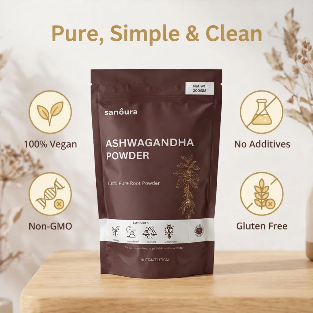 Sanoura Ashwagandha Powder 200g | Pure Root Powder | Lab Tested | Stress, Sleep & Stamina Support