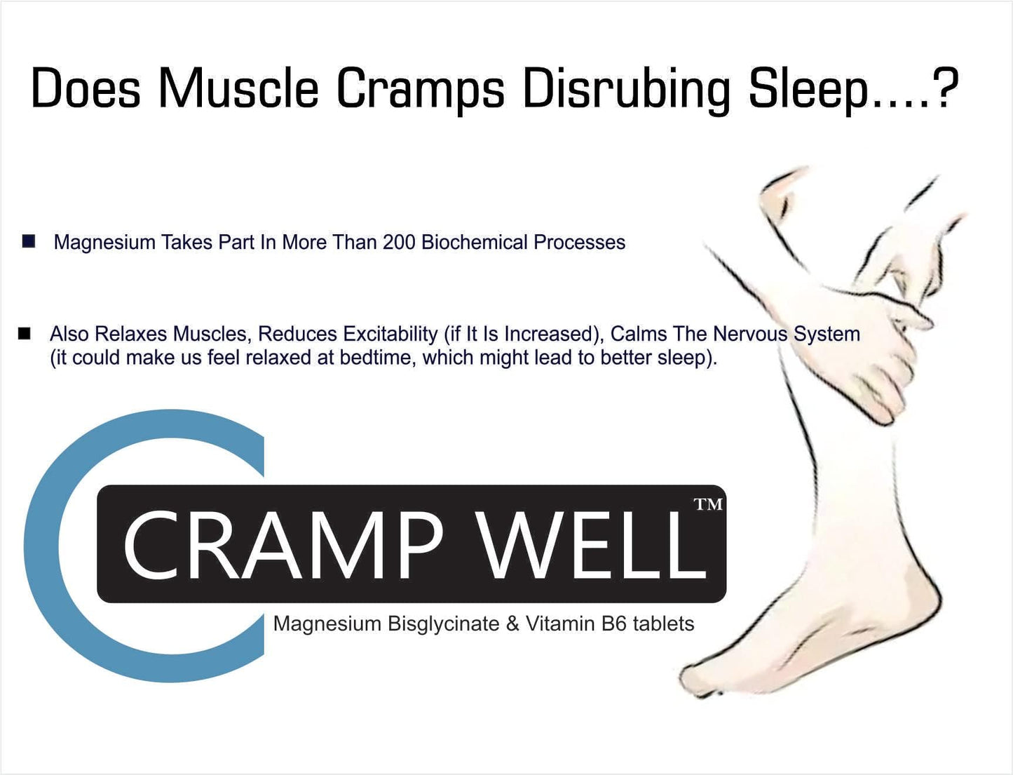 Crampwell Chewable Magnesium Supplement | Magnesium Bisglycinate with Vitamin B6 (Pyridoxine) | Helps Leg Cramp Relief, Sleep Quality & Muscle Recovery for Men & Women - 60 tablets (Sugar-free)