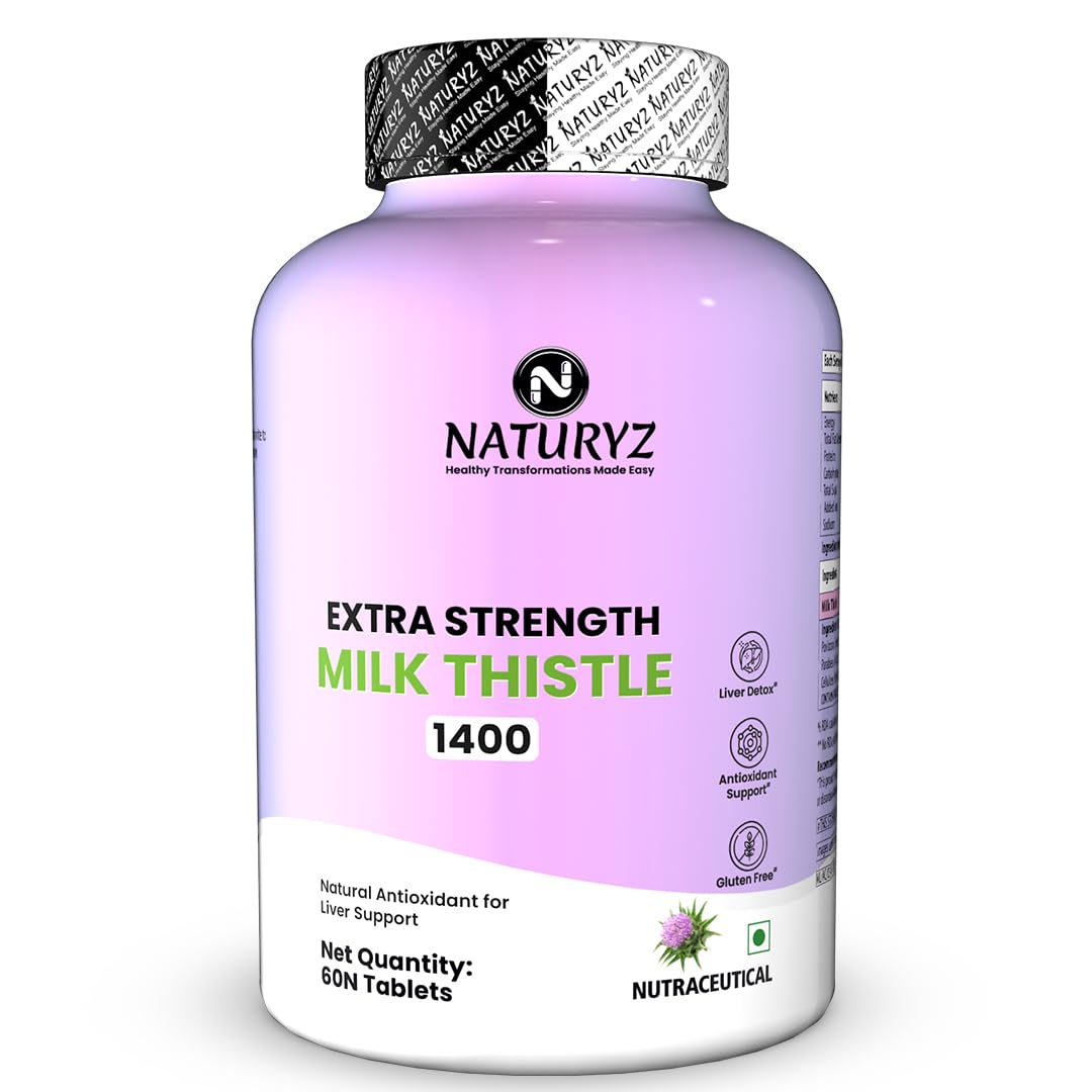 NATURYZ Extra Strength Milk Thistle 1400mg Fatty Liver detox supplement | Supports Liver Health & Natural Detox | Standardized for Silymarin | Maintain Liver Function & Antioxidant Balance | 60 Veg Tablets