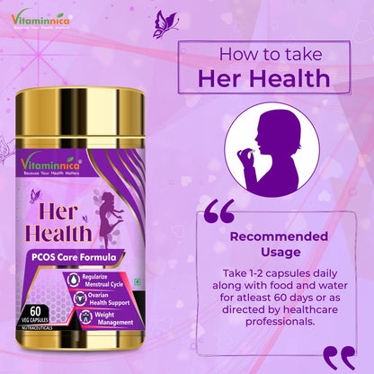 Vitaminnica Her Health PCOS Supplement for Women & Girls- Manages Irregular Delay Periods, PCOS Symptoms, Support Hormonal Balance, Weight Management | 60 Veg Capsules (Pack of 1)