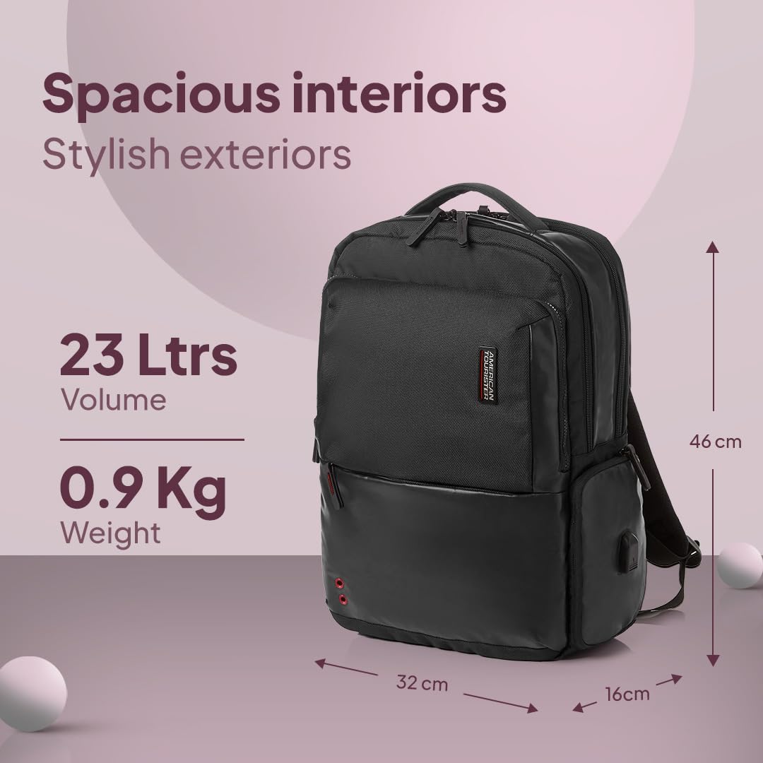 American Tourister Zork 2.0 Style 01, 23L Volume Office 4 Compartment Laptop Backpack With Front Organizer And Spacious Interiors For Unisex, Men & Women - Black