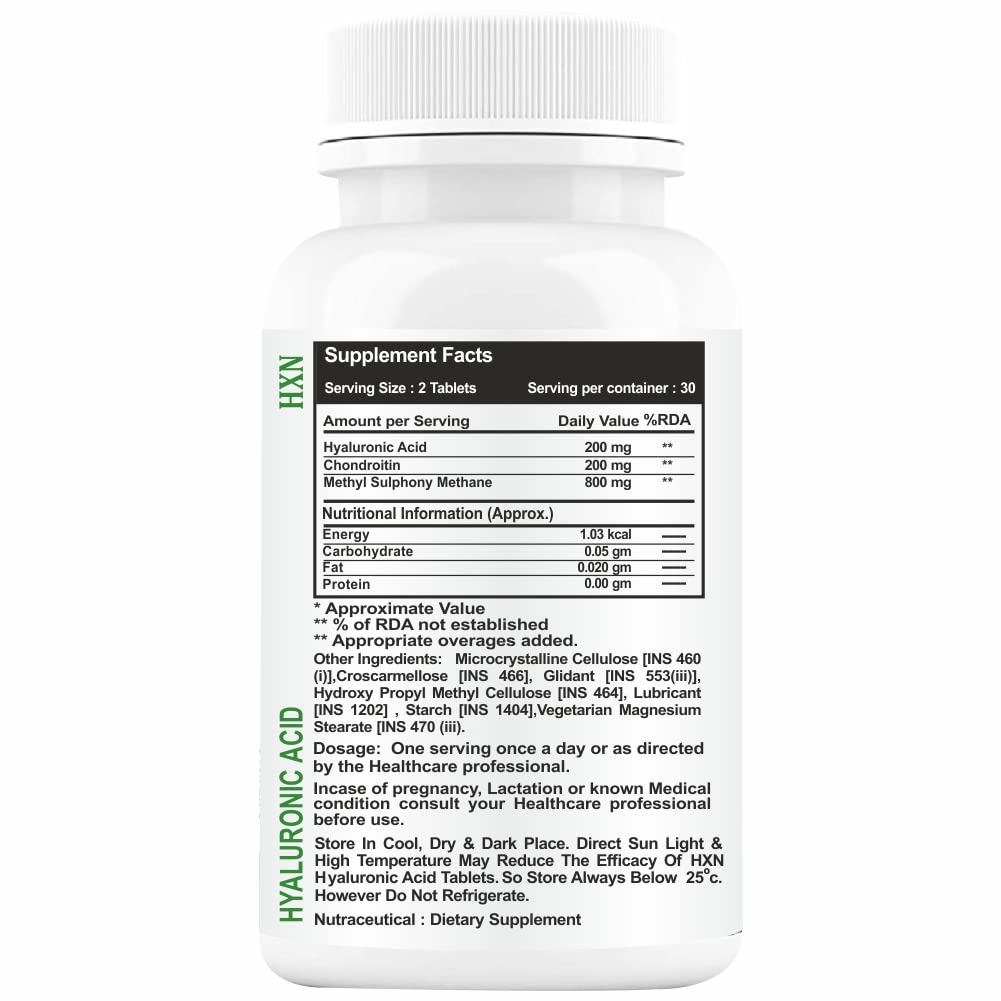 HXN Hyaluronic Acid Supplements With Chondroitin & MSM for Men, Women. Clinically Tested Collagen powder support for skin, eye care, joint support supplement Sugar-Free Tablet - 60 Tablets