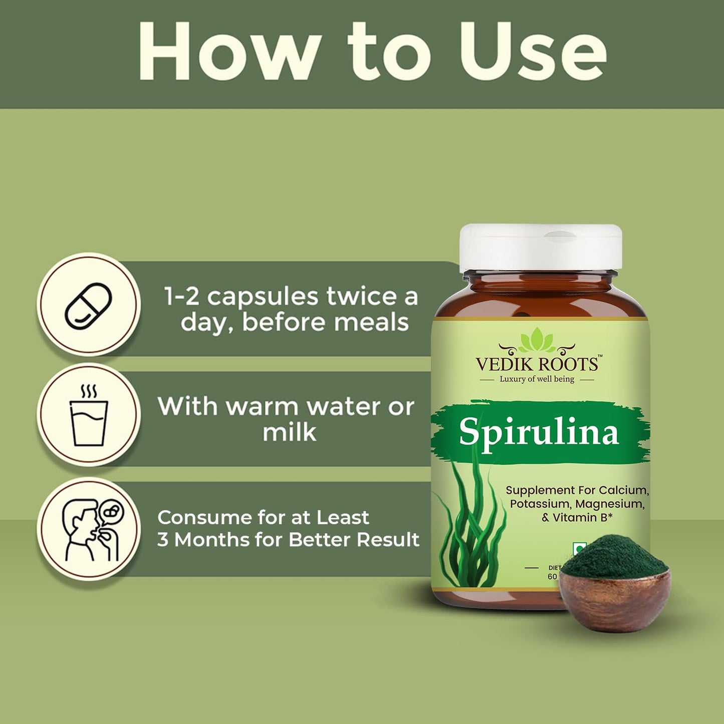 Vedikroots 100% Organic Spirulina Capsules For Weight Management & Immunity Booster | Helps In Healthy Heart | Support Digestion & Skin Health For Men And Women- 60 Capsules (Pack of 1)