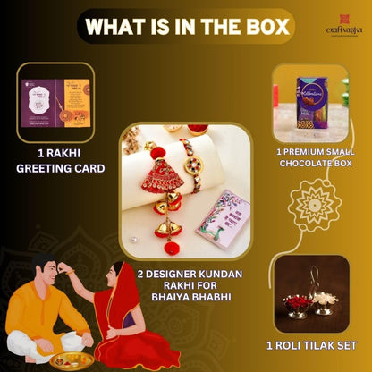 Rakhi Gift for Brother Bhabhi with Cadbury Celebration Chocolates Pack, Rakhi Gift for Bhaiya Bhabhi with Rakshabandhan Greeting Card, Stone Studded Beaded Floral Rakhi for Brother Bhabhi with Cadbury,Greeting Card, Tilak set