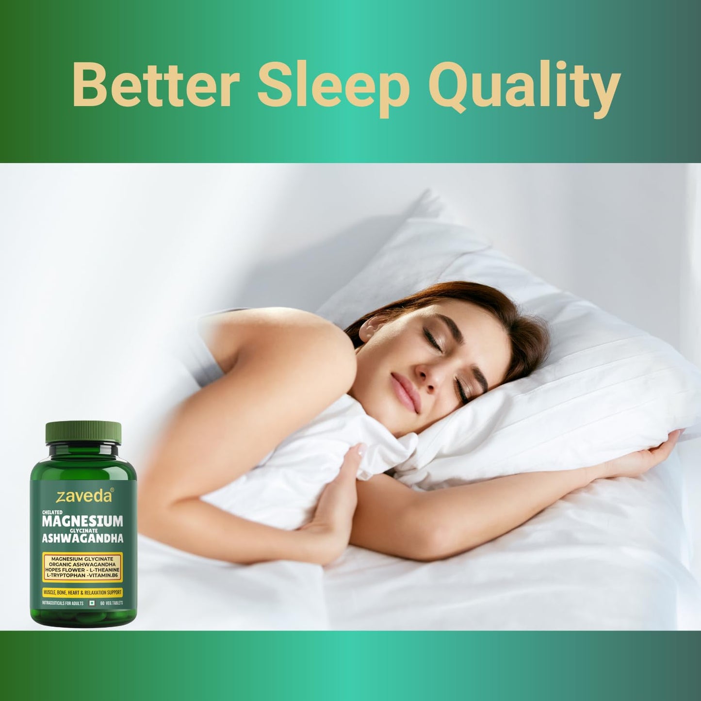 Zaveda Magnesium Glycinate Ashwagandha Tablets with Hopes flower, Vit. B6, L-Theanine, L-tryptophan & zinc | Highly Advanced Plant based formula | Muscle Recovery, Sleep & Nerve halth | 60 VegTablets