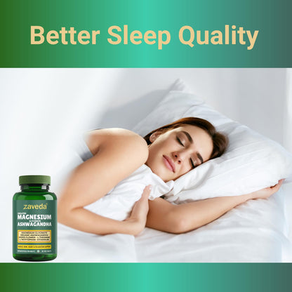 Zaveda Magnesium Glycinate Ashwagandha Tablets with Hopes flower, Vit. B6, L-Theanine, L-tryptophan & zinc | Highly Advanced Plant based formula | Muscle Recovery, Sleep & Nerve halth | 60 VegTablets