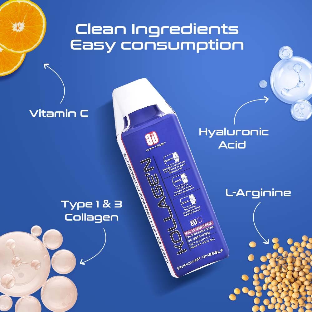 Apex Vitals Liquid Collagen – Type 1 & amp; 3 with Hyaluronic Acid, Vitamin C Mohai Ignes Mineral Water | Supports Joint Health | Fast Absorption | EFSA & FSSAI Certified | Wild Berries - 30 Servings