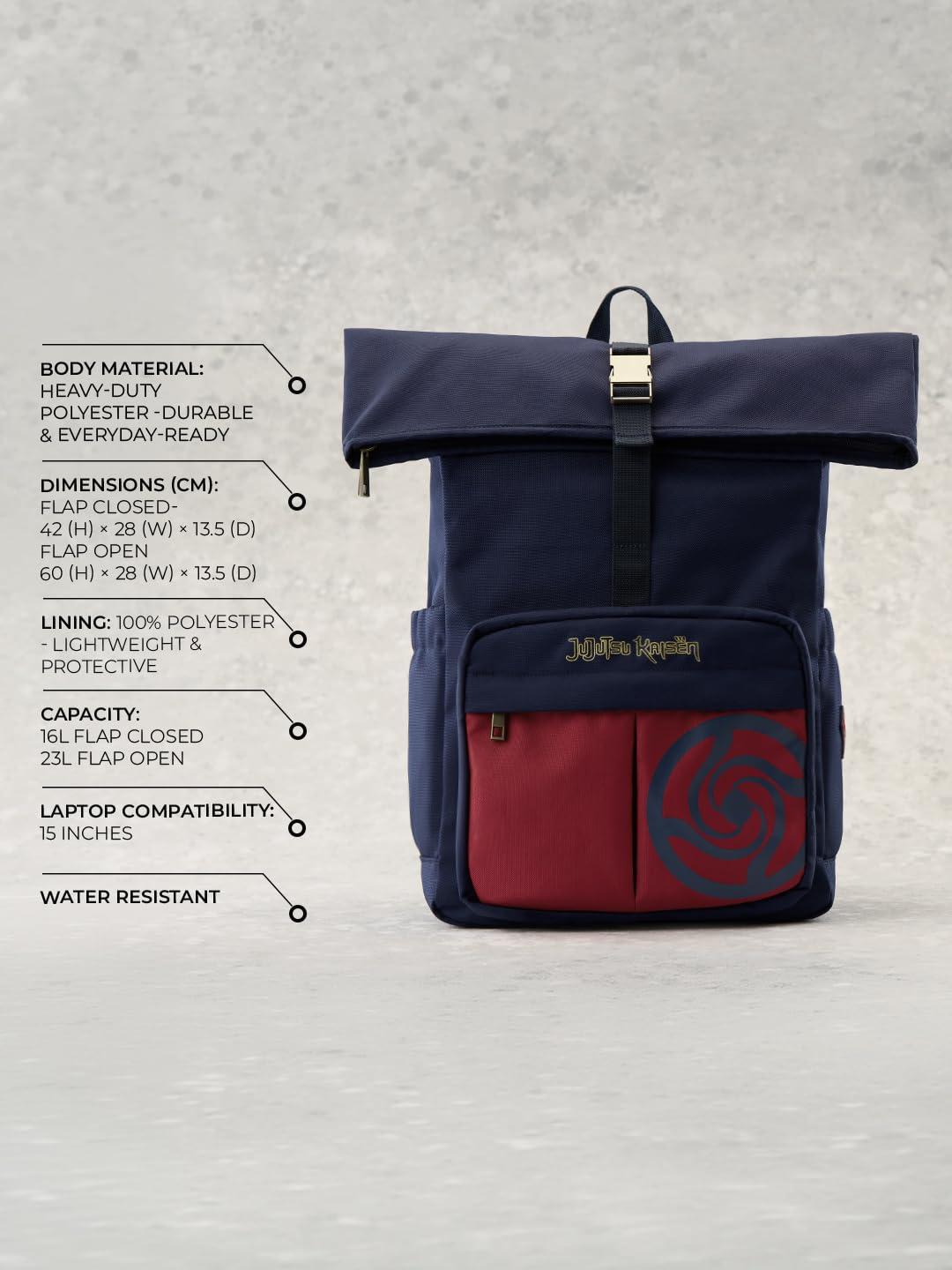 The Souled Store Jujutsu Kaisen: Curse Breaker Backpack | JJK Anime Expandable Roll Top Laptop Backpack 15" Water Resistant Polyester Unisex Travel College Office Bag