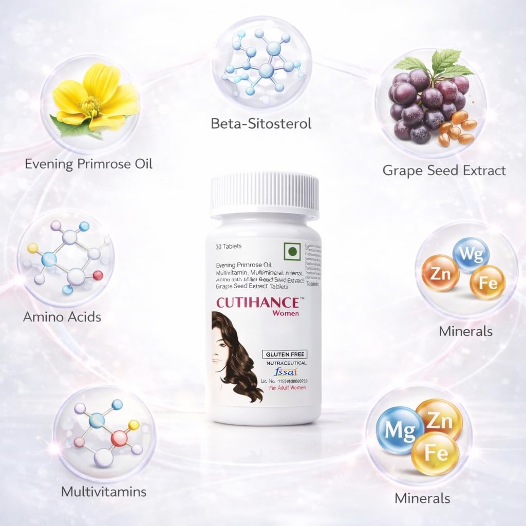 Cutihance Tablet, Hair Growth Supplement Complex with Evening Primrose Oil, Multivitamin, Multimineral, Amino Acids, Grape Seed Extract, Beta-Sitosterol, Tablets, For Strong and Shiny Hair (Women)