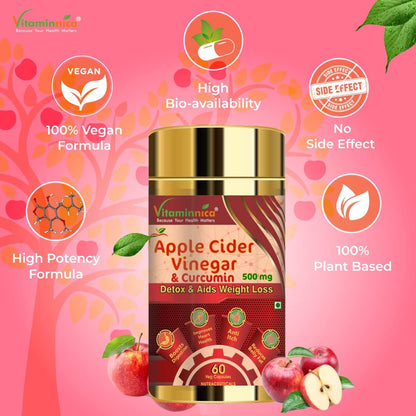 Vitaminnica Apple Cider Vinegar & Curcumin | 60 Veg Capsules for Weight Management and Suppport Digestive Health | (Pack of 1)