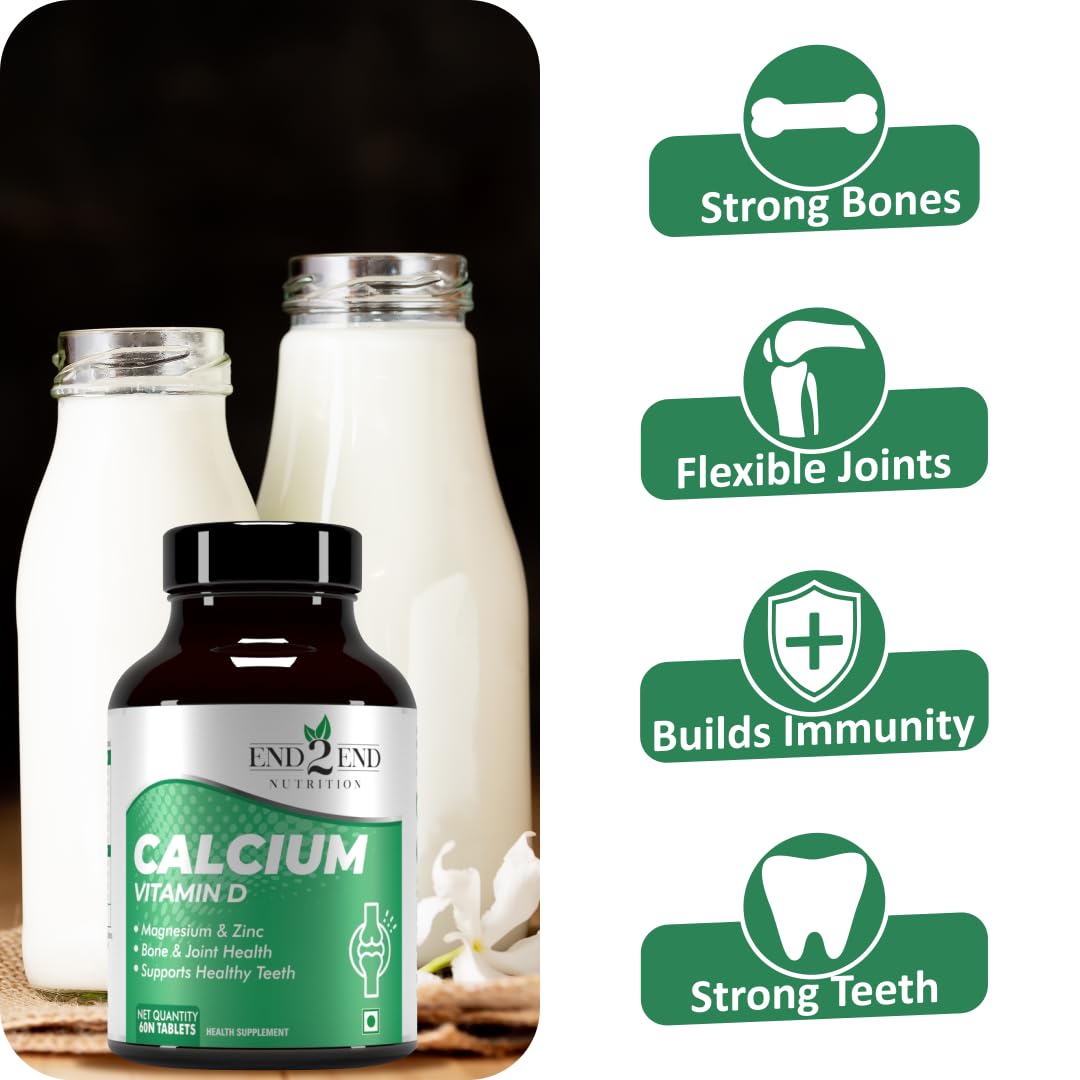 End2End Nutrition Calcium Tablets for Men and Women with Magnesium Zinc Vitamin D for complete bone health & Joint Support - 180 (Pack of 3)