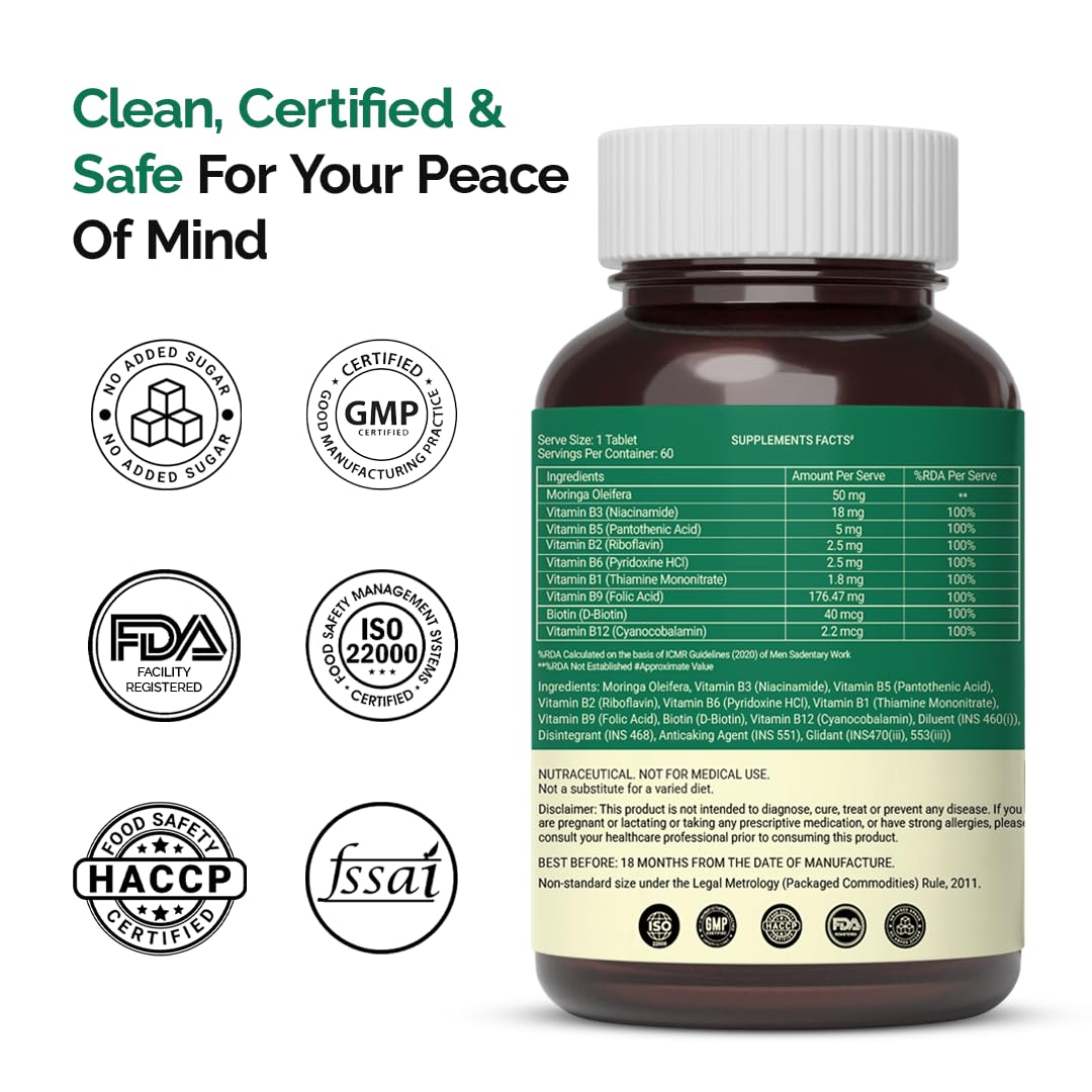 The Healthspan Co. Vitamin B-Complex 120 Veg Tablets-100% RDA for B Vitamins with B1, B2, B3, B5, B6,B7, B9 & Vitamin B12 Supplement | Vitamin B Complex Supplements for Women & Men| Along with Moringa