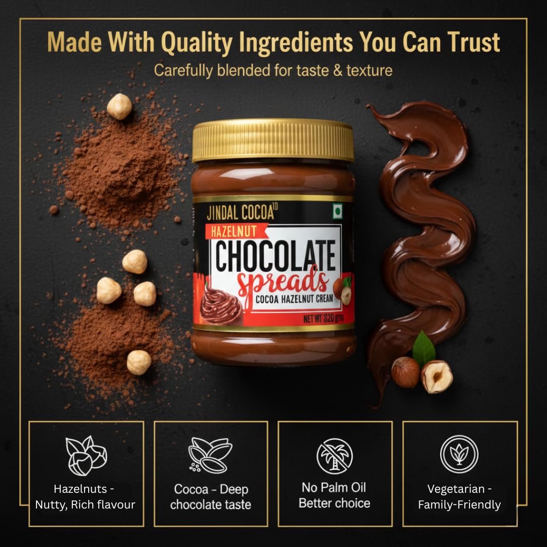 Jindal Cocoa Hazelnut Spread - 320g | Chocolate Spread for Kids | No Palm Oil | 15% Hazelnuts | Chocolate Spread without Palm Oil | No Artificial Preservatives & Trans-Fat | Healthy Chocolate Spread