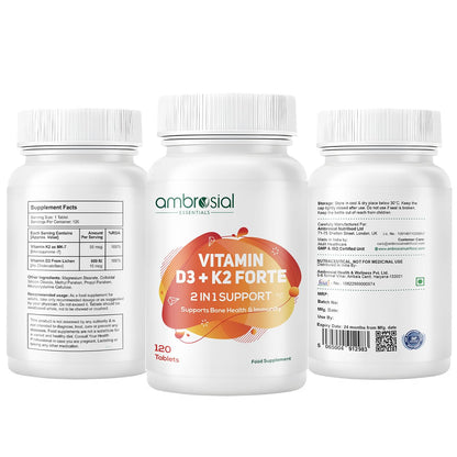 Ambrosial Vitamin D3 K2 Forte 120 Tablets | Vitamin D 3 k 2 Supplement for Bone, Heart & Immune Health Vitamin D3 (600 IU) with MK-7 Vitamin K2 | Plant-Based High Absorption Daily supplements