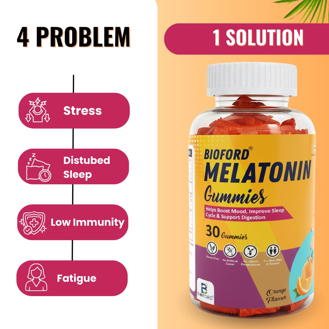 Bioford Melatonin Gummies | Non-Habit Forming | Improves Deep Sleep | Eases Jet Lag | Vegan, Gluten & Gelatin Free | Men & Women | Orange Flavour | 1 X 30 Pack